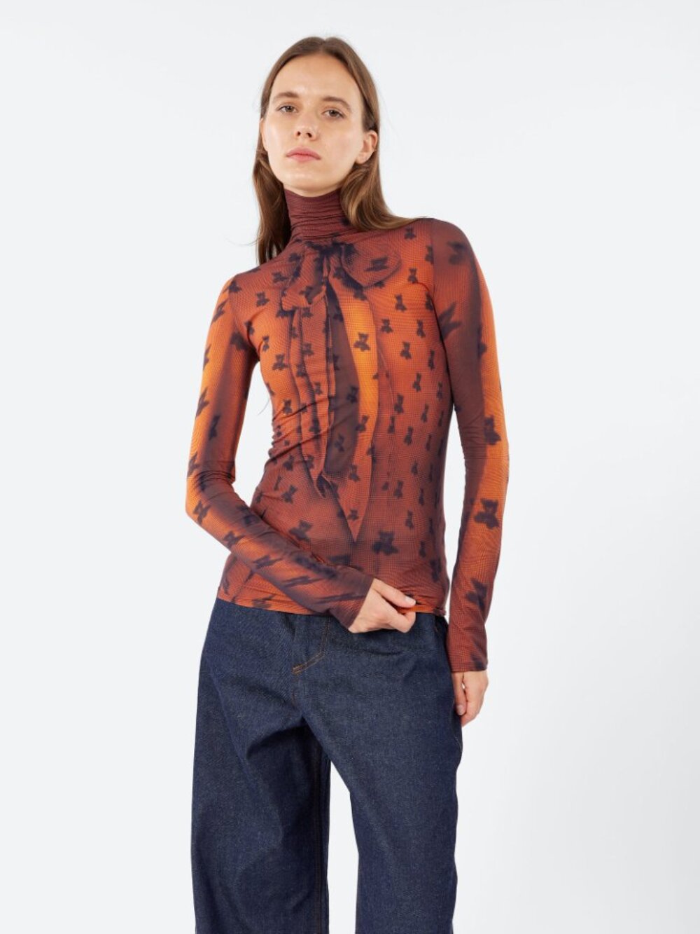 NWT ACNE STUDIOS Fitted Print Funnel Neck Mesh Top Rust Brown Bear Size L - Picture 3 of 4